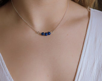 Lapis lazuli sterling silver necklace, Indigo blue necklace, Beaded row necklace, Lapis necklace, Stone necklace, Dainty necklace