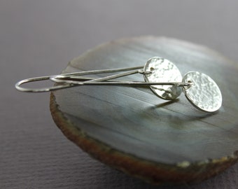 Sterling silver U-shape earrings with hammered discs, Disc earrings, Dainty dangle earrings, Minimalist earrings, Long earrings - ER214