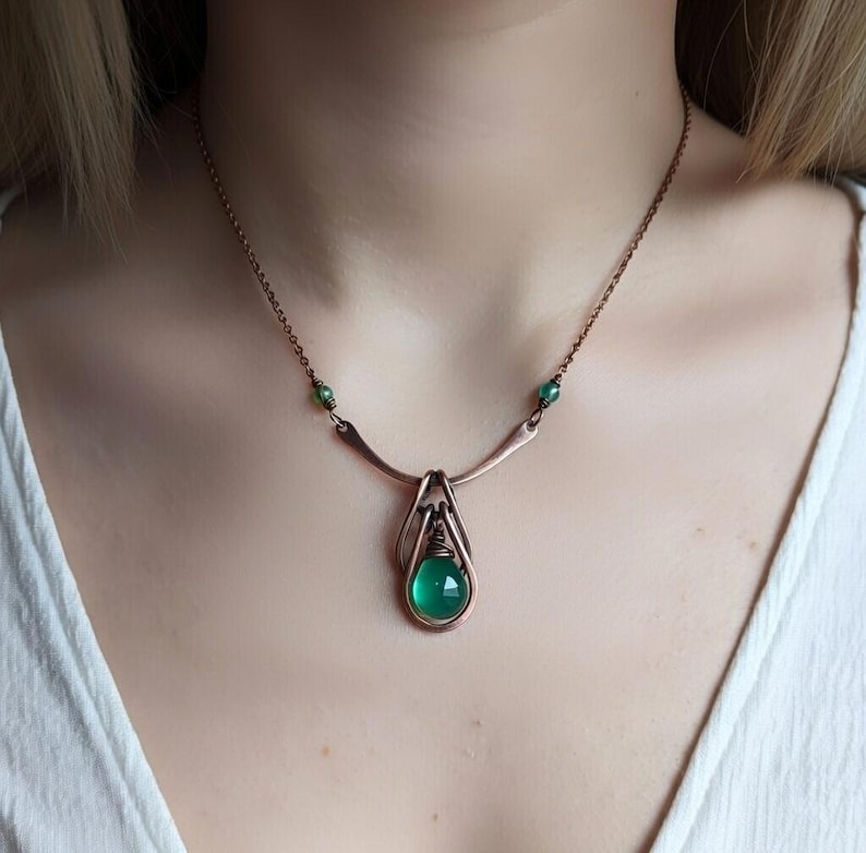 Copper Horseshoe Necklace: Green Onyx Gemstone, Rustic Jewelry