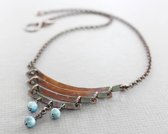 Tribal copper necklace with kyanite fringe, Cascade necklace, Ladder necklace, Tribal necklace, Everyday necklace, Curve necklace, NK072