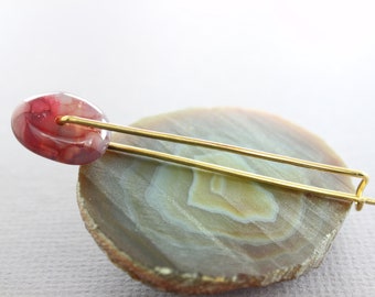 WHILE SUPPLIES LAST - Agate brass shawl pin, Safety style pin, Gemstone pin, Fuchsia pin, Knitting accessory, Cardigan clasp, Beaded pin