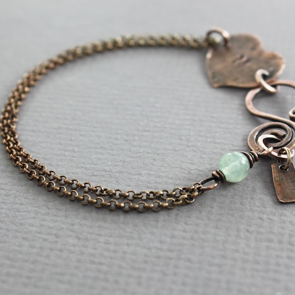 Personalized Copper Heart Bracelet: Aquamarine Stone, Initial Charm