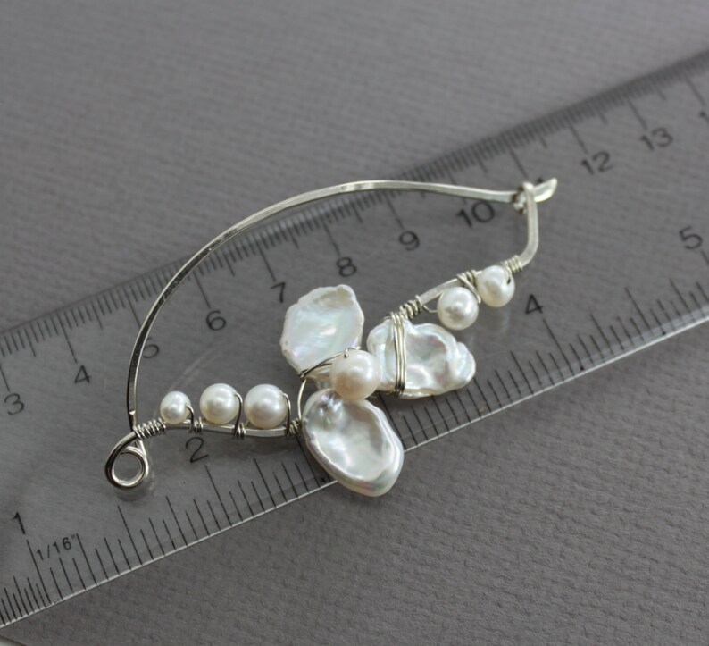 Dressy silver shawl pin with white pearls, Bridal shawl pin, Petal design shawl pin, Luxurious pin, Flower shawl pin, Statement pin SP065 image 4