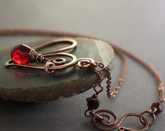 Heart necklace with red Czech glass teardrop, Copper necklace, Love romance necklace, Friendship necklace, Red heart pendant - NK020