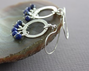 Lapis cluster sterling silver dangle earrings, Hoop earrings, Gemstone earrings, Lapis lazuli earrings, Cluster earrings, Dainty earrings