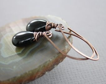 Black Onyx Copper Dangle Earrings: Hammered Minimalist Jewelry