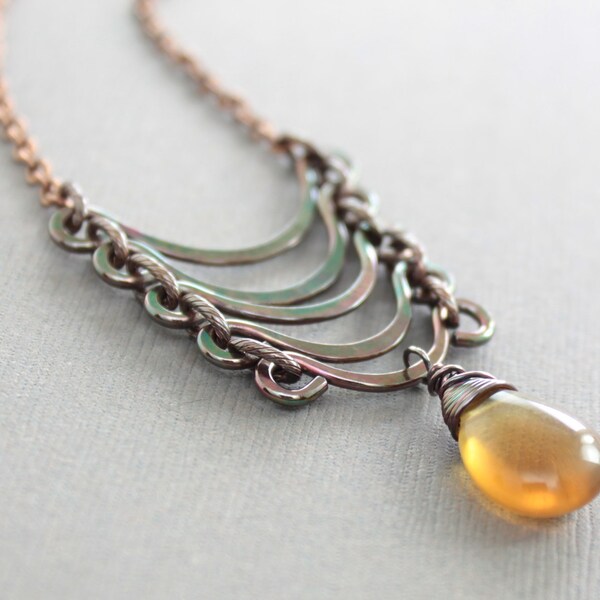 Egyptian ladder copper necklace with cascade and honey brown fluorite briolette pendant