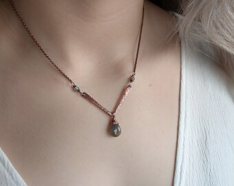 Copper Labradorite Necklace: V Drop Gemstone Pendant