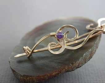 Bronze shawl pin or cardigan clasp with amethyst stone, Rose gold color pin, Cardigan clasp, Scarf pin, Fibula, Brooch - SP037