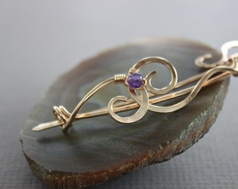 Bronze Shawl Pin with Amethyst Stone: Rose Gold Cardigan Clasp
