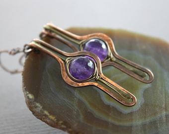 Amethyst Dangle Earrings: Hammered Copper & Brass, Long Stick Earrings