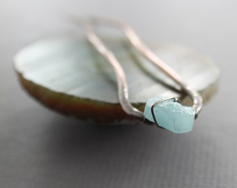Copper Hair Fork: Raw Aquamarine Stone, Minimalist Hair Pin