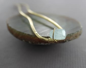Brass Hair Fork with Aquamarine Stone: Minimalist Hair Pin