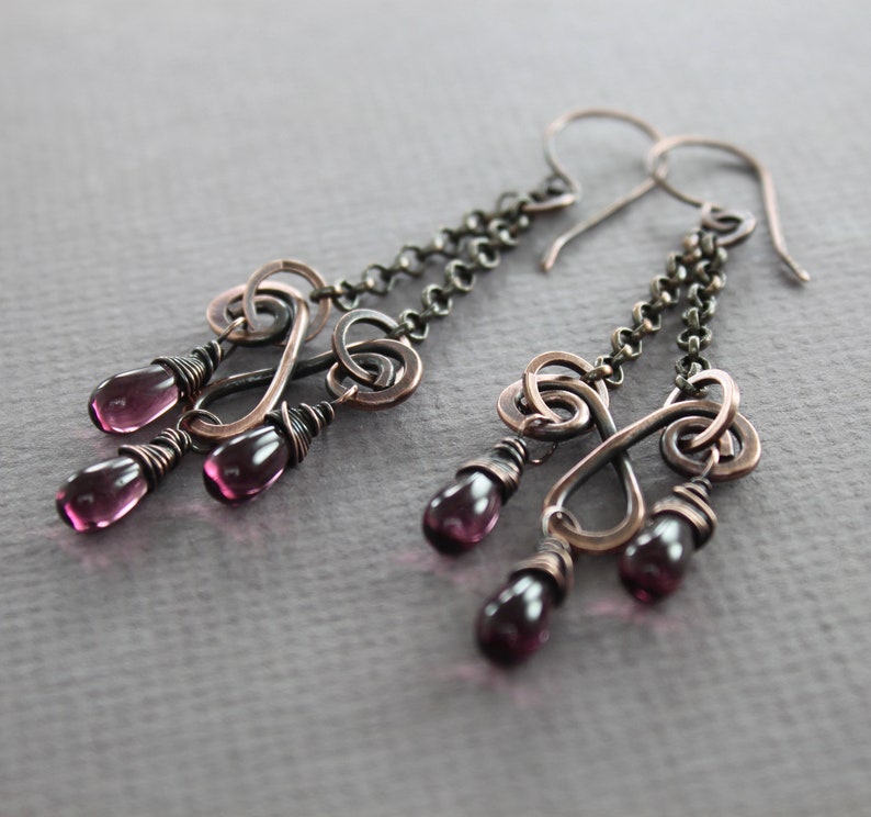 Chandelier earrings with purple Czech glass teardrops Copper earrings Long earrings Boho earrings Statement earrings ER054 image 3