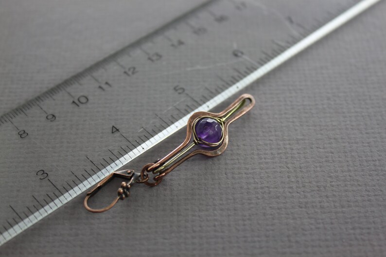 Dangle earrings Amethyst earrings Long earrings Mix metal long bar earrings with herringbone wrapped amethyst stone ER031