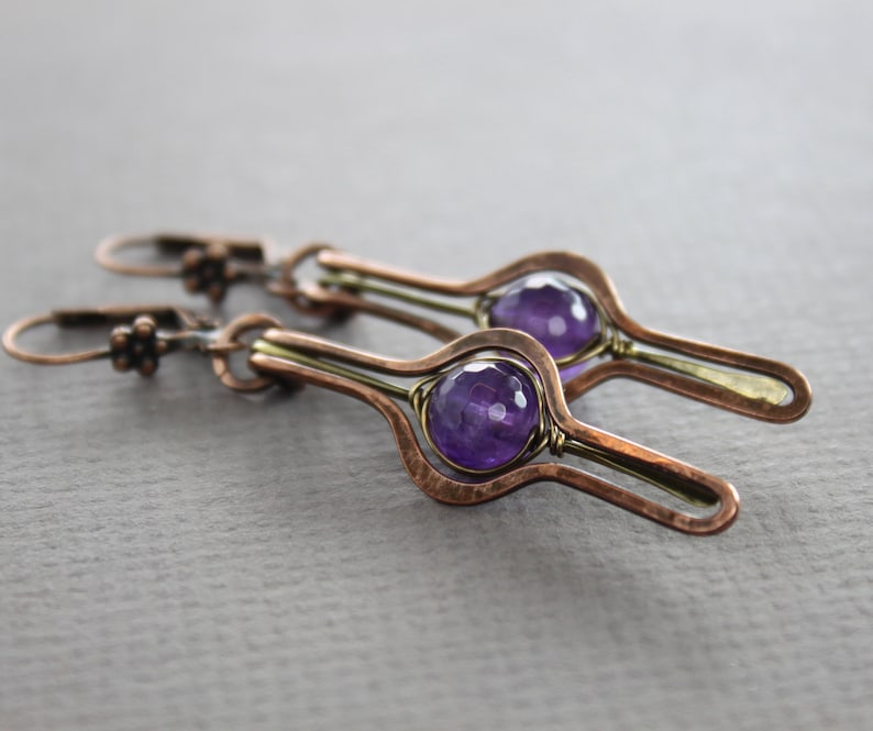 Dangle earrings Amethyst earrings Long earrings Mix metal long bar earrings with herringbone wrapped amethyst stone ER031
