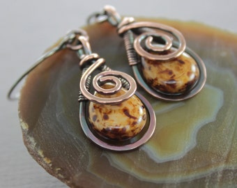 Copper Dangle Earrings: Czech Glass Briolette, Artisan Swirl Design