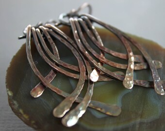 Long Ombre Patina Copper Earrings: Hammered Fringe Dangle