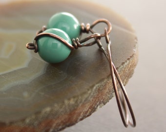 May include: A pair of copper wire earrings with two turquoise blue glass beads. The earrings are hanging from a copper wire loop.