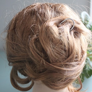 May include: A silver hair pin with a simple curved design, used to hold a bun of light brown hair.