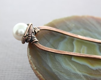 Copper Hair Fork Pin: White Swarovski Pearl Bridal Hair Jewelry