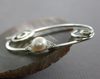 Pearl Shawl Pin: German Silver Cardigan Clip, Knitting Accessory