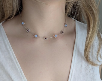 Sterling silver necklace with frames, garnet and opal stones, Dainty elegant design