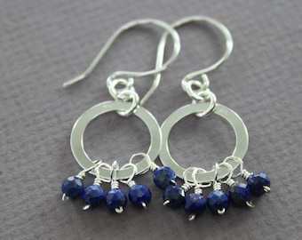 May include: Silver hoop earrings with a dangling cluster of dark blue lapis lazuli beads.