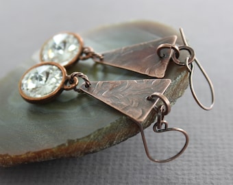 Swarovski Crystal Triangle Dangle Earrings: Hammered Copper
