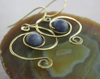 Rustic swirl lapis brass dangle earrings, Gemstone earrings, Lapis lazuli earrings, Dangle earrings, Lightweight earrings - ER172