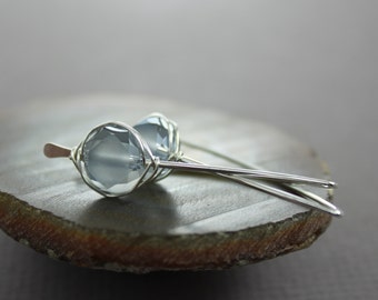 Sterling silver hook threader earrings with gray crystals, Aqua blue earrings, Crystal earrings, Hook earrings, Trendy earrings - ER023