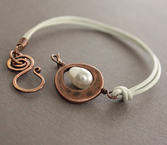 White leather copper bracelet with white Swarovski drop pearl | Etsy