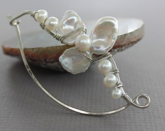 Pearl Flower Shawl Pin: German Silver Bridal Scarf Pin