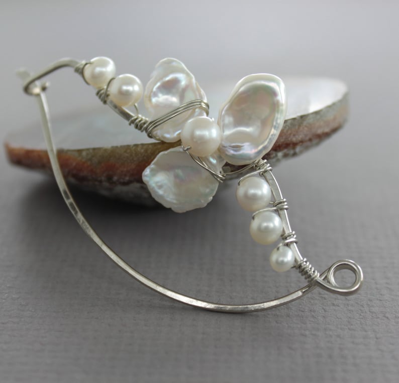 Dressy silver shawl pin with white pearls, Bridal shawl pin, Petal design shawl pin, Luxurious pin, Flower shawl pin, Statement pin SP065 image 1