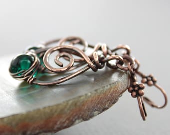 Copper Dangle Earrings: Emerald Green Lampwork Glass, Beaded Design