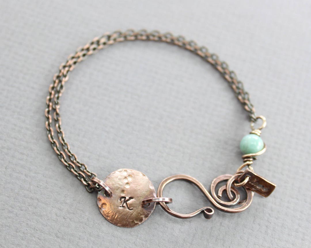 Copper Personalized Initial Bracelet With Larimar Stone Tag Bracelet ...