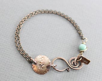 Personalized Copper Initial Bracelet: Larimar Stone Tag Bracelet