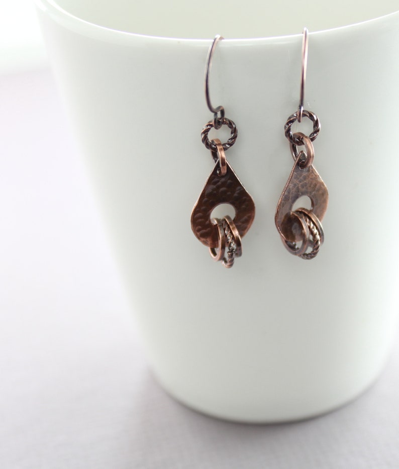 Cute short copper earrings, Metal earrings, Drop earrings, Small earrings, Dangle earrings, Gift for her, Hammered earrings ER146 image 5