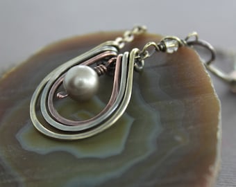 Mixed Metal Cascade Necklace: Copper, German Silver, Swarovski Pearl