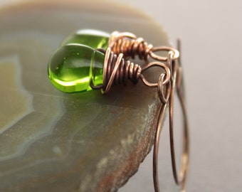 Apple Green Glass Copper Earrings: Handmade Dangle Drop Earrings