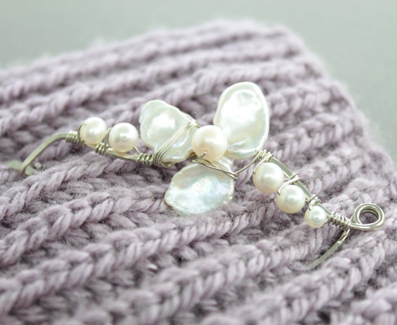 Dressy silver shawl pin with white pearls, Bridal shawl pin, Petal design shawl pin, Luxurious pin, Flower shawl pin, Statement pin SP065 image 5