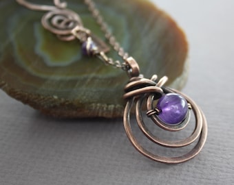 Woven Copper Amethyst Pendant Necklace: Hand Forged Gemstone Jewelry