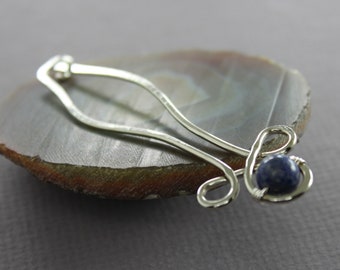 Celtic silver shawl pin with dark blue lapis lazuli stone, Gemstone shawl pin, Cardigan clasp, Scarf pin, Fibula, Brooch - SP138