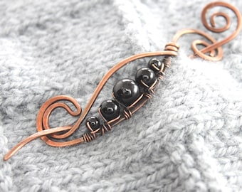 Copper Shawl Pin: Black Onyx 'Peas in a Pod' Design