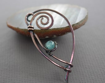 Copper shawl pin with aquamarine stone, Knitting accessory, Scarf pin, Cardigan clip, Fibula, Aquamarine  shawl pin, Copper pin - SP086