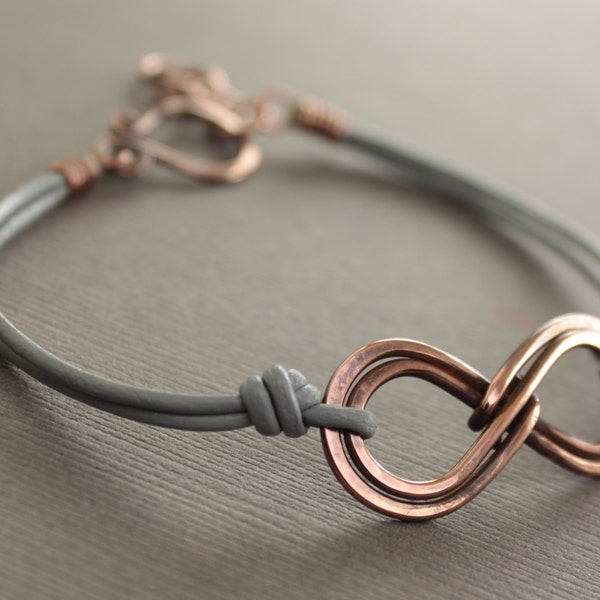 Unisex double infinity copper bracelet with gray leather, Wrap bracelet, Rustic bracelet, Infinity bracelet, Unisex bracelet - BR008