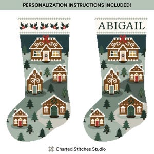 May include: Two Christmas stockings with a gingerbread house design. One stocking has the name "ABIGAIL" at the top. The stockings are decorated with gingerbread houses, trees, and holly berries. The text "PERSONALIZATION INSTRUCTIONS INCLUDED!" is at the top.