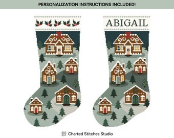 Gingerbread Lane Christmas Stocking | Needlepoint and Cross Stitch Digital Chart Pattern