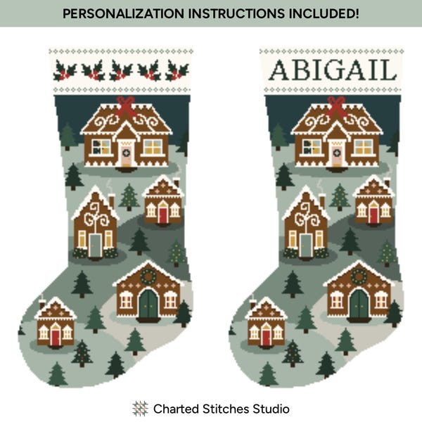 Gingerbread Lane Christmas Stocking | Needlepoint and Cross Stitch Digital Chart Pattern