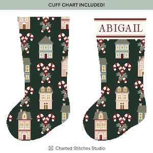 May include: Two Christmas stockings with a dark green background. The stockings are decorated with houses and candy canes. One stocking has the name "ABIGAIL" at the top. The text "CUFF CHART INCLUDED!" is at the top.